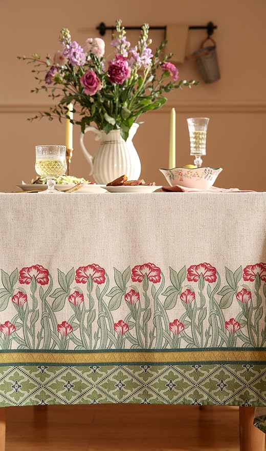 patdrea Designer Green Small Tablecloth for Rectangle Table,Vintage Linen Leaves Pattern Breathable Table Cloth,Floral Cover Decor for Kitchen Dining Christmas,Thanksgiving,55"x71"-Cecilia D