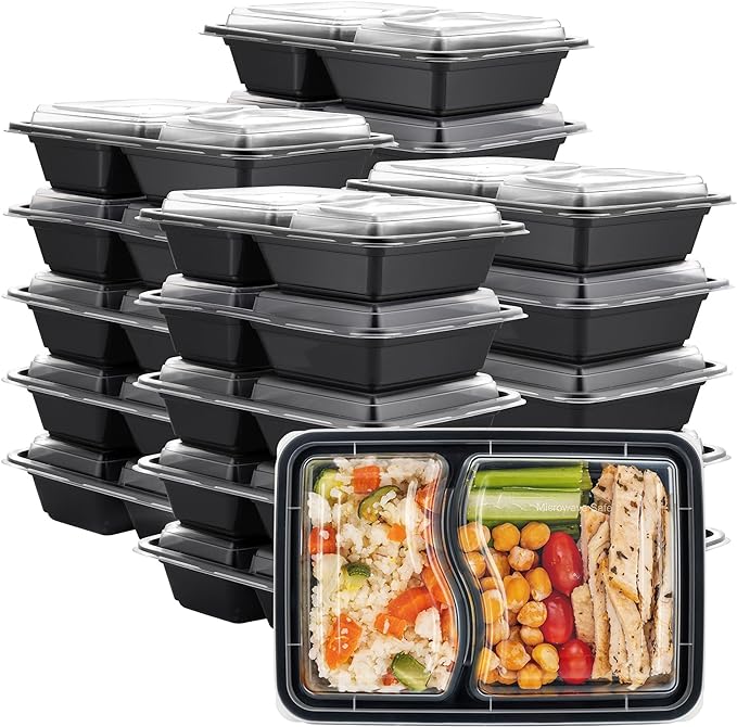 GUSTO [28 oz - 50 Count 2-Compartment Meal Prep Containers with Lids – Reusable, Microwaveable, Dishwasher & Freezer Safe, BPA-Free Food Storage Boxes for Portion Control (Formerly Comfy Package)