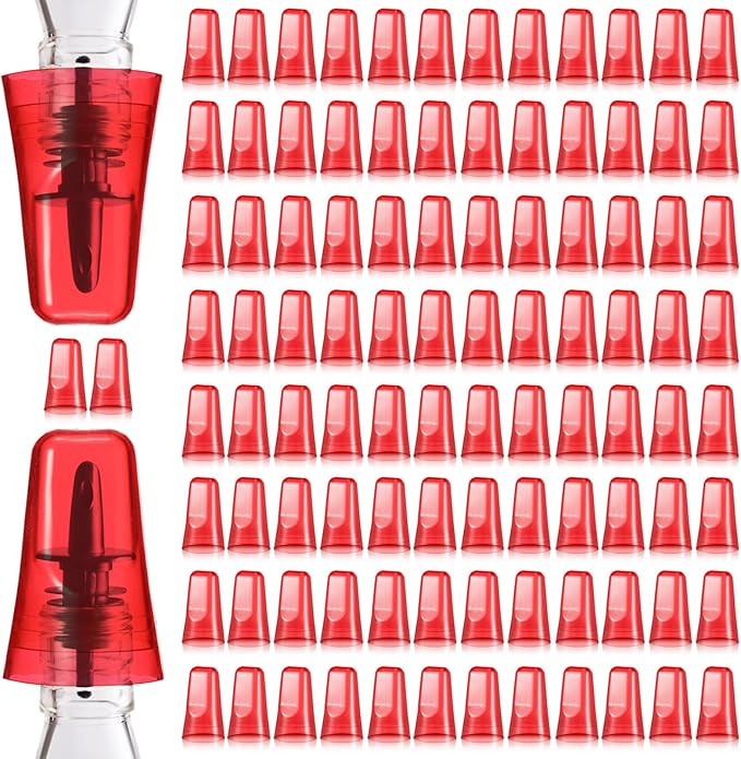 Chengu 100 Pieces Liquor Bottle Covers Pour Spout Covers Bar Toppers for Bottles Universal Pour Dispenser Dust Translucent Silicone Rubber Spout Caps for Bar Home Kitchen Tools Supplies (Red)