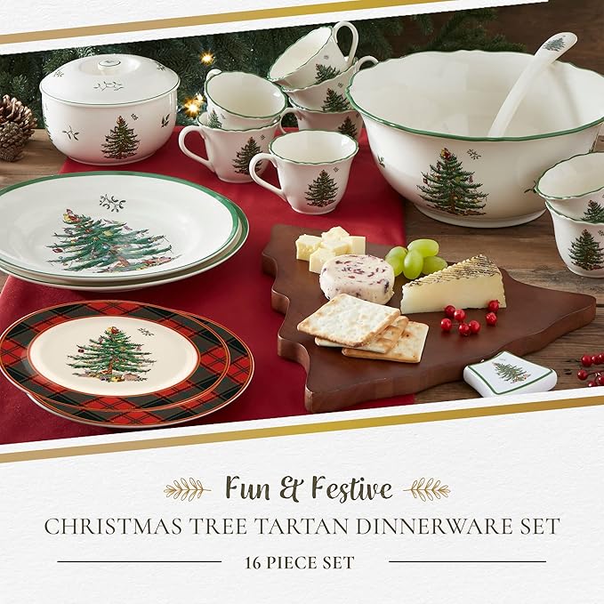 Spode Christmas Tree 16-Piece Tartan Dinnerware Set (Service for 4) - Festive Holiday Tableware with Plates, Bowls, Mugs - Porcelain Christmas Dinnerware - Microwave & Dishwasher Safe