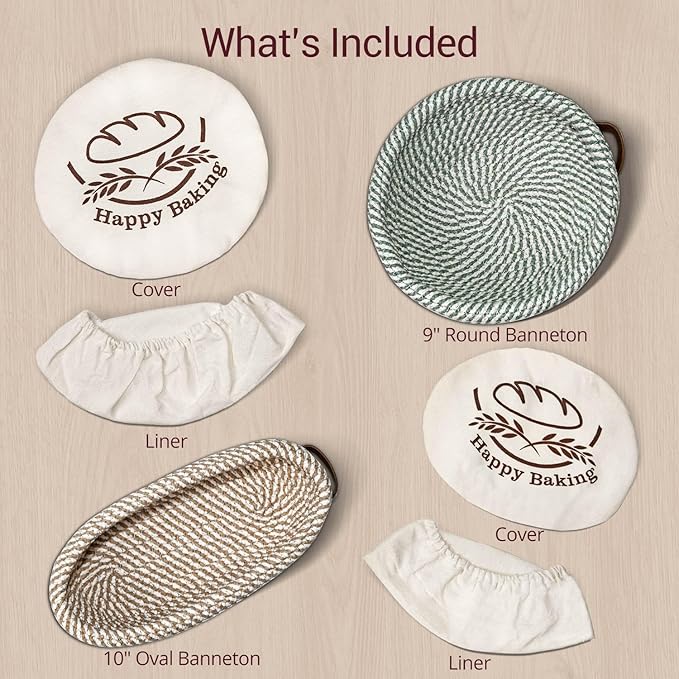 Banneton Bread Basket, 9" Round and 10" Oval Bread Proofing Basket Set with Cotton Liners and Covers, Bread Basket Proofing Bowl Ideal for Sourdough Starter and Artisan Loaf Baking
