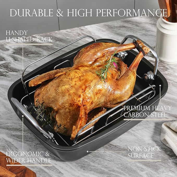 KITESSENSU Nonstick Turkey Roasting Pan with Rack, Gold