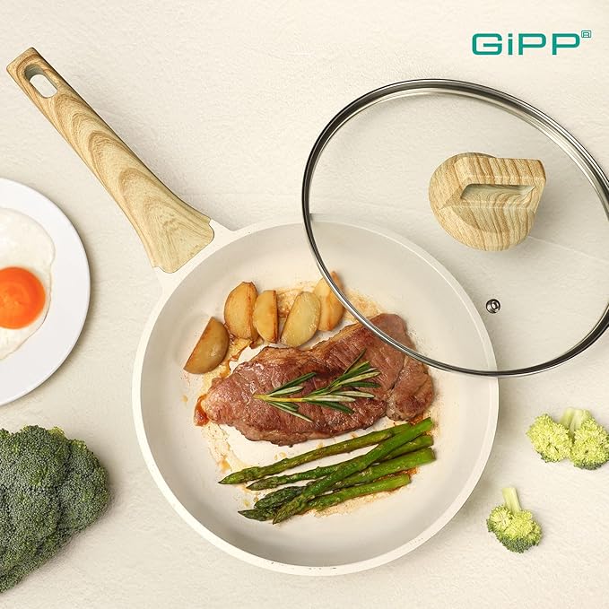 GiPP Nonstick Frying Pan Skillet with Lid - 8" White Granite Non Stick Pans, Omelette Pan with Heat-Resistant Handle, Compatible with All Stovetops, PFOA Free