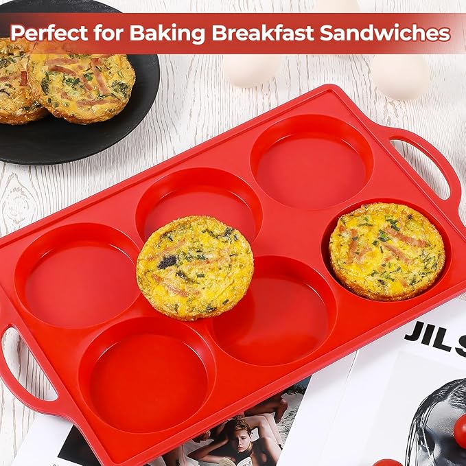 CAKETIME Muffin Top Pan Non Stick,4 Inch Metal Frame Round Egg Baking Pan for Oven English Muffins, Whoopie Pies, Corn Bread, Egg Bites, Breakfast Sandwiches Tarts Red