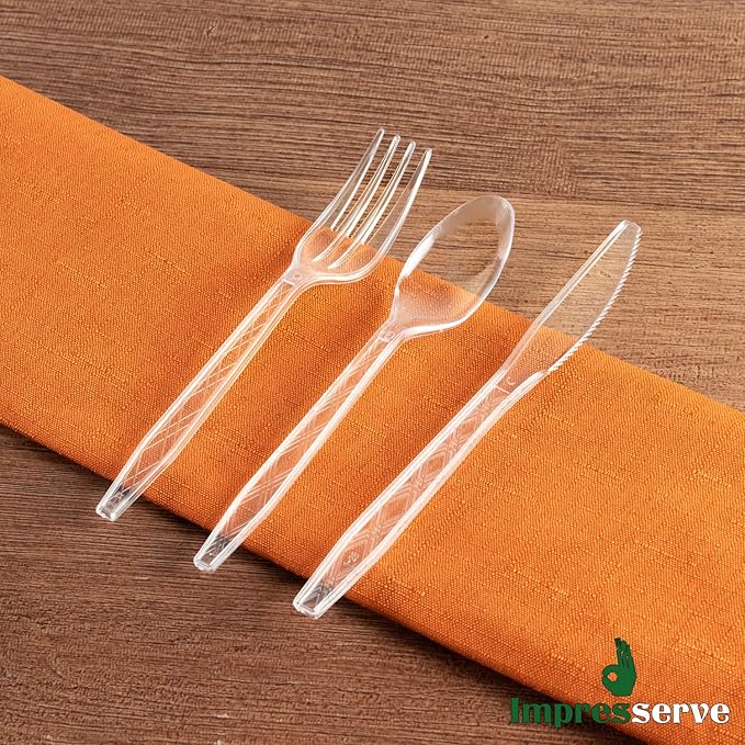 Party Bargains Clear Plastic Cutlery 2160 pcs: 1080 Forks, 720 Spoons, 360 Knives. Argyle Design, Heavy Duty & Solid Disposable Silverware Utensils Combo Pack Set for Weddings, Buffets, Luncheons