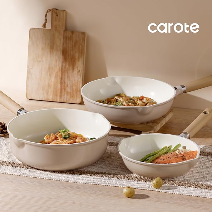 CAROTE 10" Ceramic Frying Pan Skillet, Non Stick Skillet Chef's Pan, Healthy & PFOA/PFAS Free, Induction-Compatible, Taupe