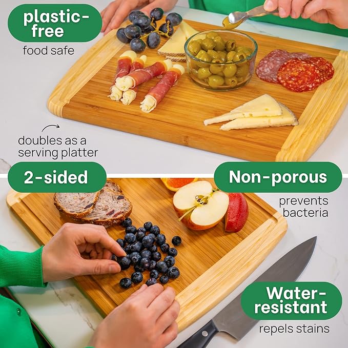 GREENER CHEF 15 Inch Medium Cutting Board with Lifetime Replacements, Bamboo Cutting Boards for Kitchen, Butcher Block, Medium Wooden Chopping Board for Meat, Veggies, Non Toxic Charcuterie Board
