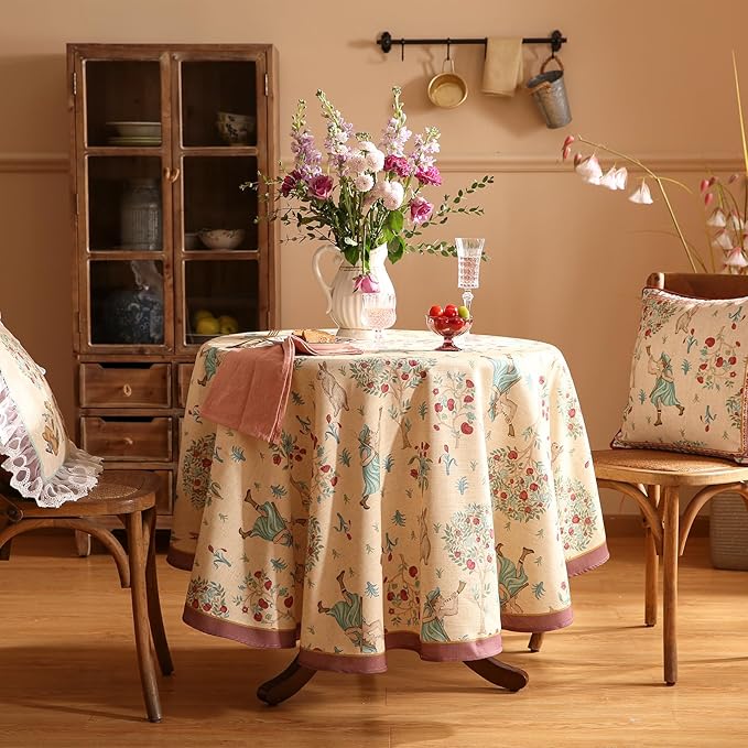 patdrea Designer Beige Tablecloth for Round Table,Vintage Italian Linen Trees Pattern Table Cloth,Decor Cover for Kitchen Dining Christmas,Thanksgiving,Tea Party,Diameter 55"-Tatiana a