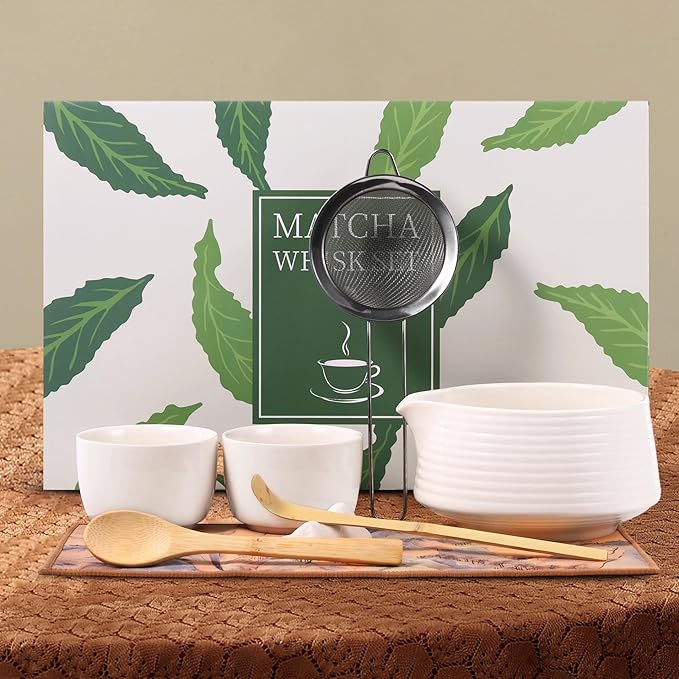 HELPLX Matcha Whisk Set 10-Piece Japanese Matcha Kit with BowlWhisk & Holder2 Tea CupsBamboo ScoopSpoonSifterScoop Rest & Tea Towel – White Matcha Tea Set for Ceremony or Daily Use