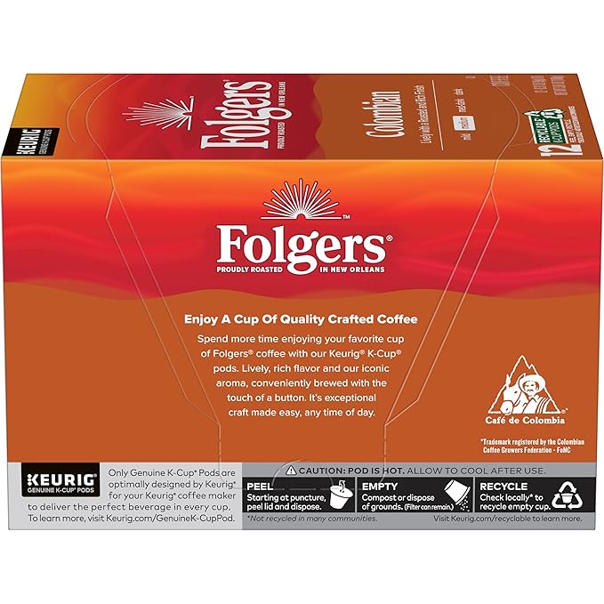 Folgers Colombian Medium Roast Coffee, 72 Keurig K-Cup Pods (Pack of 2)