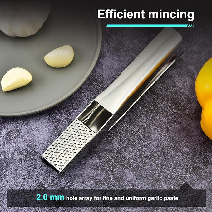 Garlic Press, Stainless Steel Garlic & Ginger Crusher, with Built-In Cleaner, Rust Resistant, No Peel, Large Capacity, Easy Clean，Dishwasher Safe，Silver