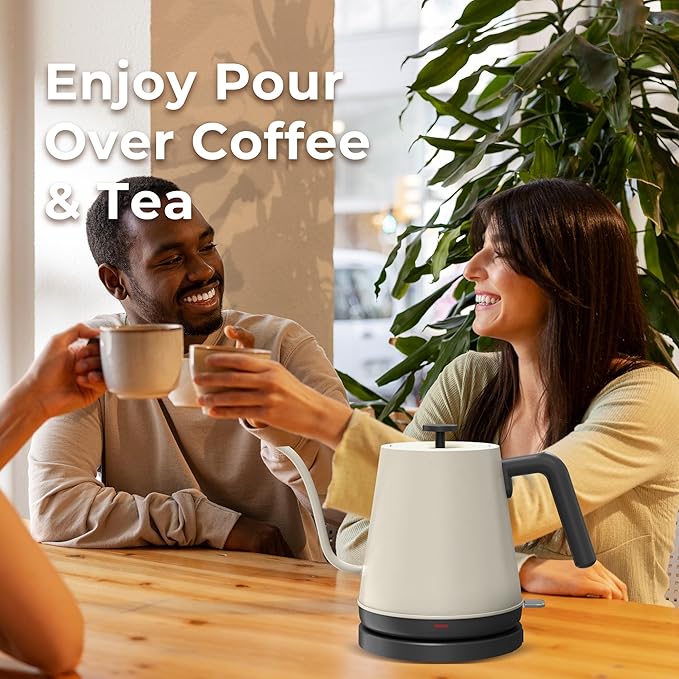 NYOTA Gooseneck Electric Kettle, 0.8L Electric Tea Kettle of 304 Stainless Steel, 1200W Quick Heating, Automatic Shut Off Coffee Kettle, Hot Water Boiler, Bone White