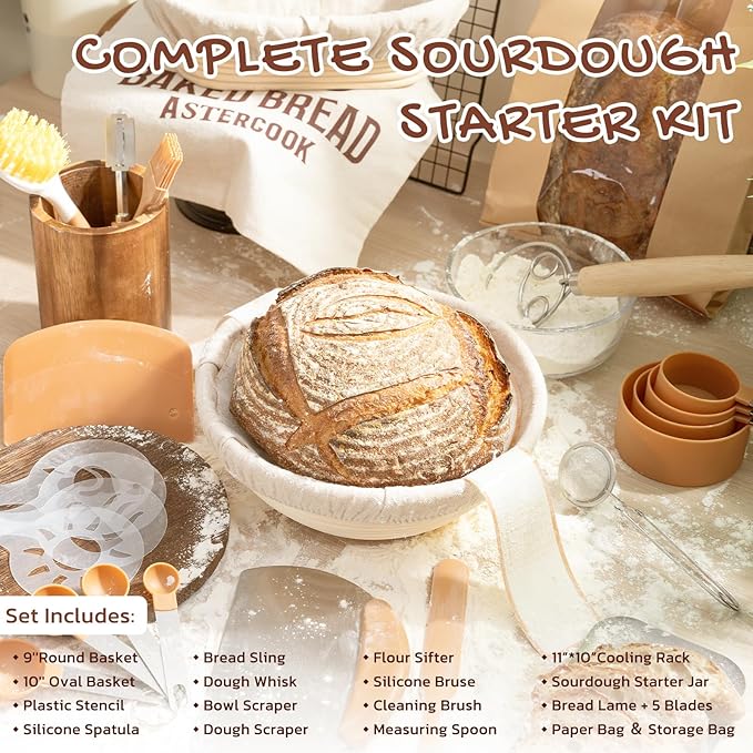 Astercook Sourdough Starter Kit with Round & Oval Banneton Bread Proofing Basket, Bread Sling, Starter Jar, Dough Whisk, Scrapers, Stencils, Cooling Rack & Bag Complete Sourdough Bread Baking Supplies