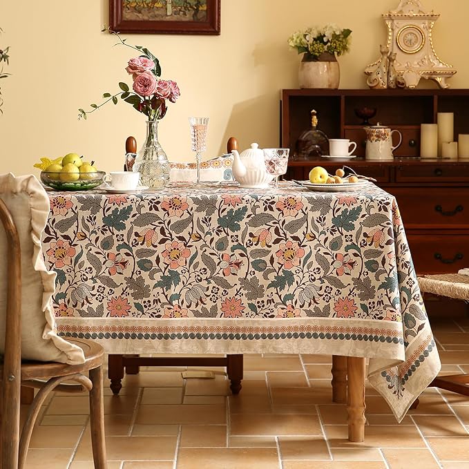 ISAENNE Designer Boho Floral Table Cloth for Rectangle Table,Linen Lotus Flower Pattern Colorful Tablecloth,Durable Decor Tablecloths for Dining Thanksgiving Kitchen Christmas,55"*79"-Hazel A