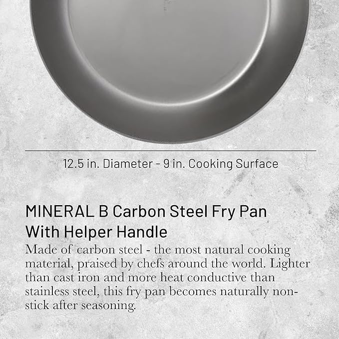 De Buyer MINERAL B Pro Carbon Steel Country Fry Pan with Helper Handle - 12.5” Diameter, 9” Cooking Surface - Ideal for Sauteing, Simmering, Frying - PFAS, PFOA, PFOS Free - Made in France