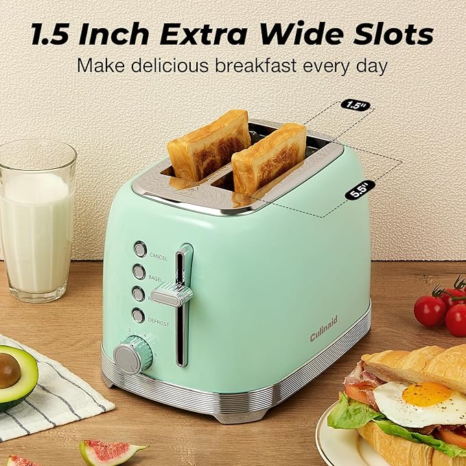 Toaster 2 Slice Retro Stainless Steel with 1.5” Extra Wide Slots Bagel, Defrost, Reheat, Cancel Functions, 6 Bread Shade Settings, Removable Crumb Tray, Aqua Green