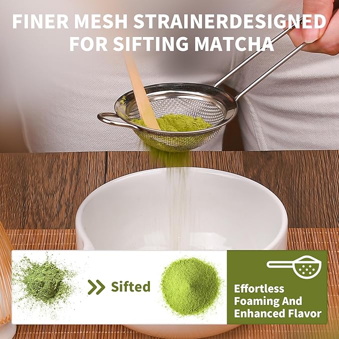 Matcha Whisk Set, 7 Pcs Matcha Kit with Matcha Bowl, Spout, Whisk and Holder, Bamboo Scoop and Stainless Steel Sifter, Japanese Matcha Set for Ceremony, Gift for Matcha Lover