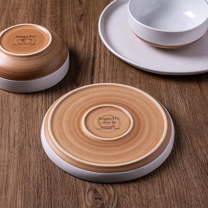 AmorArc Ceramic Dinnerware Sets with Pasta Bowls for 6, Handpainted Plates and Bowls Set with Rustic Terracotta Underside, Scratch Resistant Dishes Set, Dishwasher & Microwave Safe, 24 Pcs