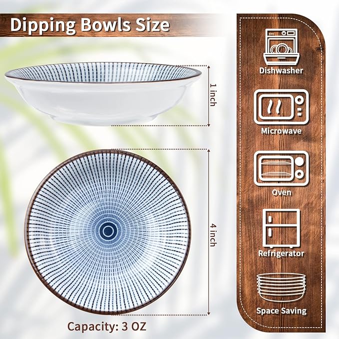 Dipping Bowls, Soy Sauce Dish Ceramic, 3 OZ Small Serving Bowls for Side Dishes Vintage Blue Stylish Design, Set of 6 Mini Appetizer Plates for Condiment Sushi Ketchup BBQ Party, 4 Inch
