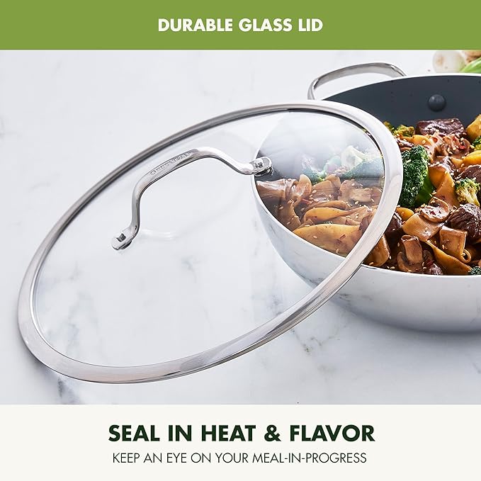 GreenPan Valencia Pro Tri-Ply Stainless Steel 12” Wok with Lid, Ceramic Nonstick PFAS-Free Coating, Multi Clad Cookware, Induction, Dishwasher Safe, Oven and Broiler Safe