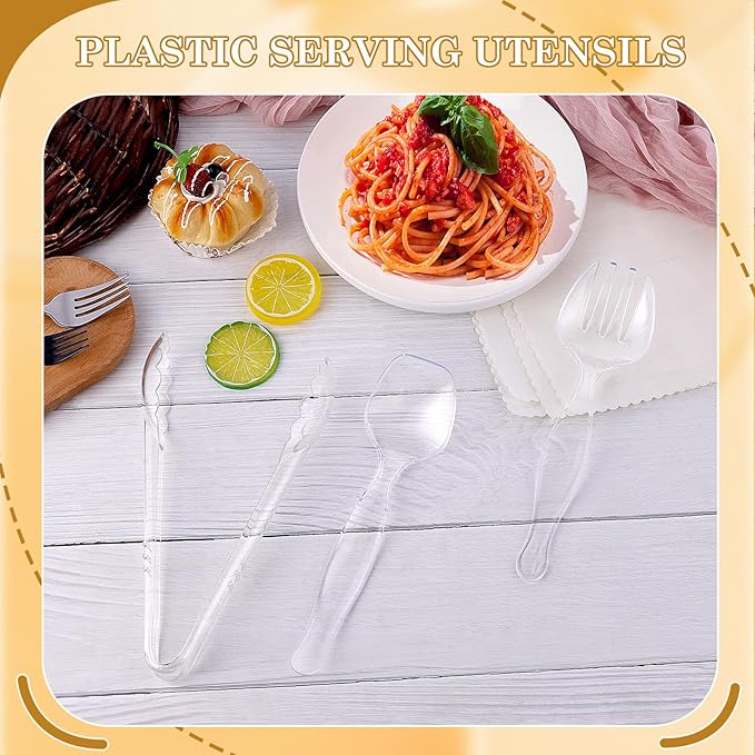 36Pcs Serving Utensils 9'' Large Plastic Serving Utensils Set Serving Spoons for Buffet Clear Disposable Plastic Tongs Heavy Duty Slotted Spoons/Forks Supplies for Party Food Salad Noodles Soup