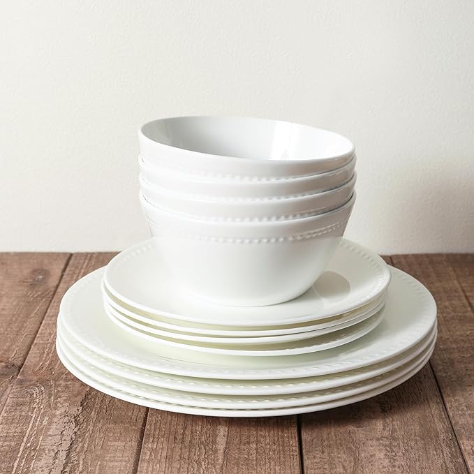 Stone lain Bone China Pinpoint Embossed 32 Piece Dinnerware Set, White