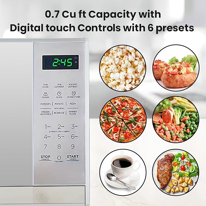 Total Chef 0.7 Cu Ft Microwave Oven - Countertop Small Kitchen Appliance, Stainless Steel Microwave with Digital Touch, Pre-Set Functions, 10” Turntable, 700 Watt