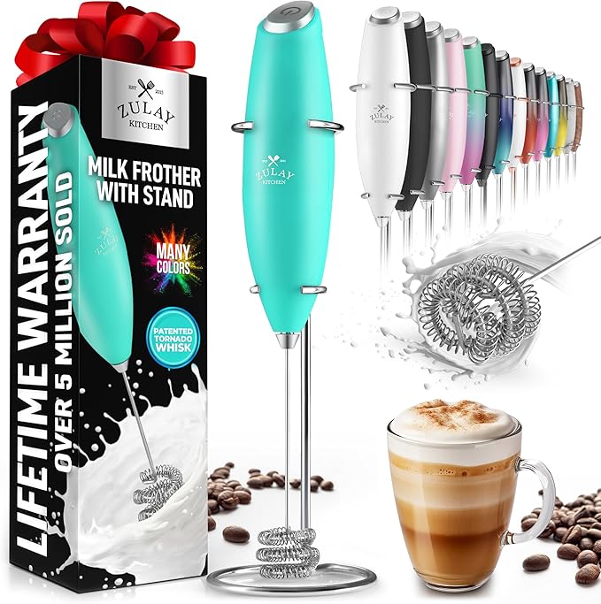 Zulay Kitchen Milk Frother with Patented Tornado Triple Whisk – Handheld Foam Maker for Coffee, Lattes, Matcha & Hot Chocolate – Rich, Creamy Froth in Seconds