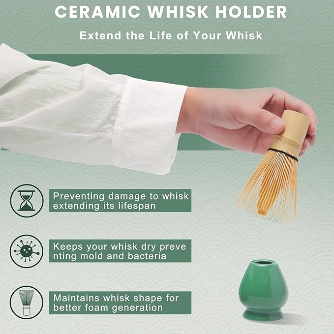 Matcha Whisk Set, Cactus Dark Green Ceramic Matcha Set Includes Matcha Bowl, Matcha Whisk (Chasen) and Holder, Sifter, Bamboo Scoop & Spoon - 6 Pcs Matcha Kit for Matcha Lovers
