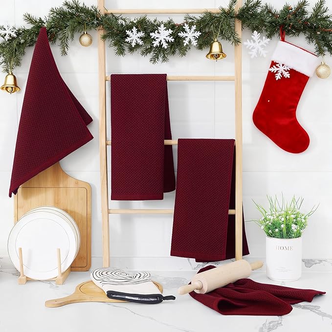 Homaxy 100% Cotton Waffle Weave Kitchen Dish Towels, Ultra Soft Absorbent Quick Drying Cleaning Towel, 13 x 28 Inches, 4-Pack, Burgundy