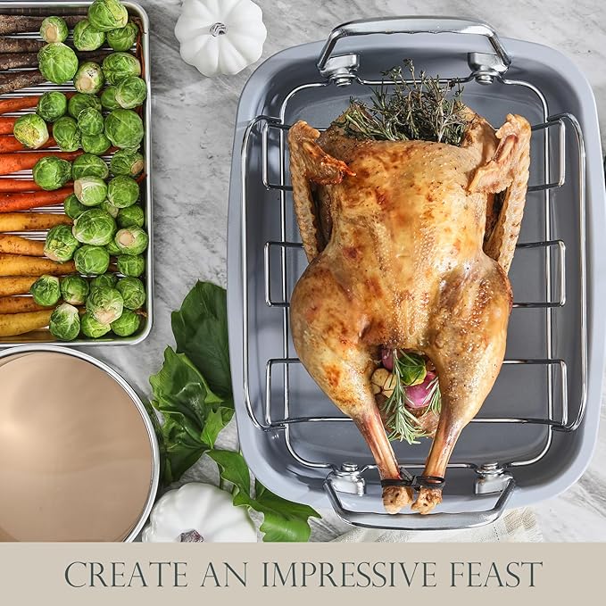 KITESSENSU Nonstick Turkey Roasting Pan with Rack 17 x 14 inch - Large Chicken Roaster Pan for Oven - Wider Handles & Heavy Duty Construction - Suitable for 24lb Turkey, Cream