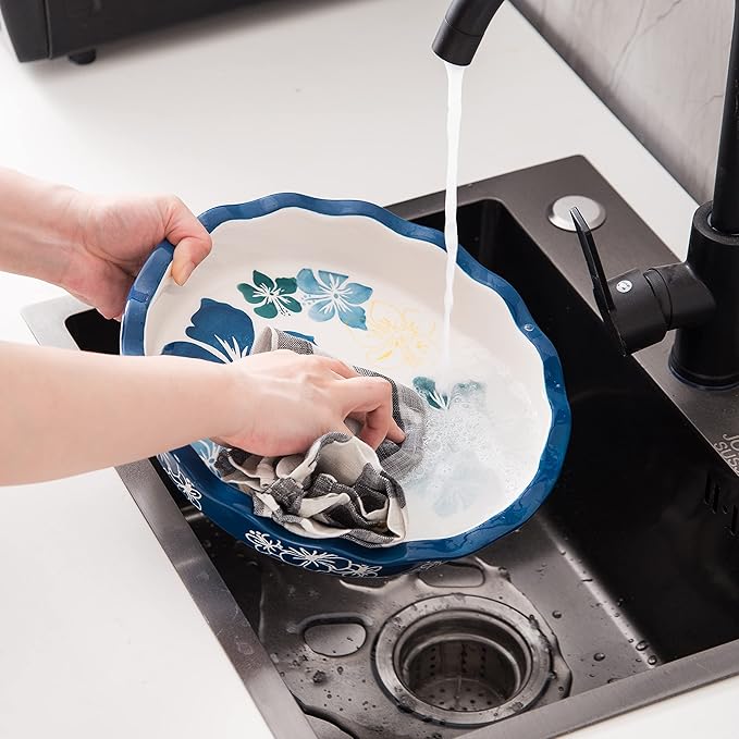Pie Pan Ceramic Pie Plate, 9 inch Deep Dish Pie Pans, Nonstick Pie Pans for Baking, Blue and White Floral Pie Dish For Kitchen