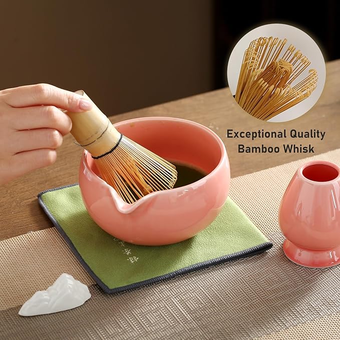 Matcha Whisk Set, Ceramic Matcha Set with Spout, Matcha Bowl Kit with Sifter, Whisk and Holder, Bamboo Scoop, Scoop Rest, Tea Towel, 7 Pcs Matcha Kit Set for Making Breakfast/Latte for Matcha Lovers