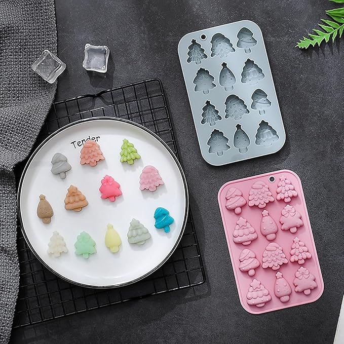 2 Pcs Christmas Tree Silicone Molds, 6 Types 12 Cavity Christmas Tree Shaped Candy Baking Moulds, for Chocolate Jelly Soap Fondant Candy Candles Pastry Gummies Cake DIY Decorating