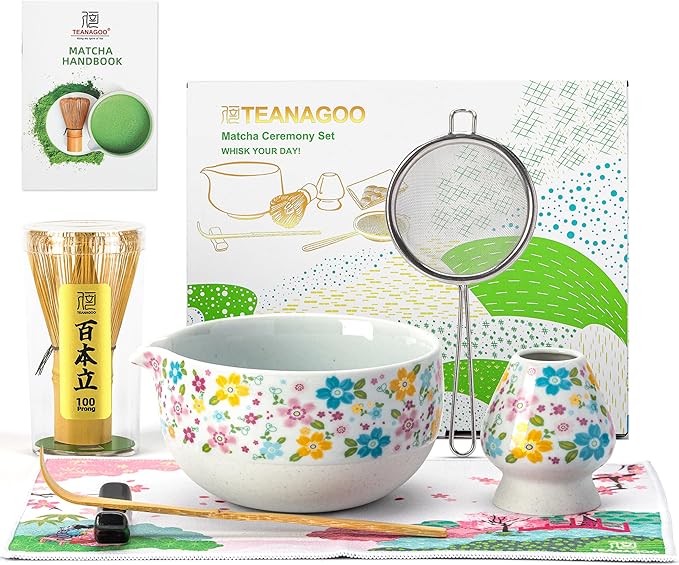 TEANAGOO Matcha Whisk Set,7 Pcs Matcha Set White,Ceremony Matcha Kit,Matcha Tea Set for Making Latte,Ceramic Bowl(chawan) whith Spout and Whisk,Gift for Matcha Lovers