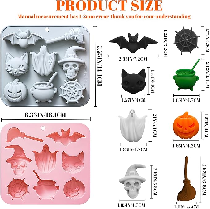 Halloween Chocolate Molds,2PCS Halloween Silicone Mold-Ghost,Pumpkin,Bat,Skull Witch Hat,Spider Web,Broom,Cat,Medicinal Liquid,Non-Stick 3D Baking Candy Mold Set for Jelly Gummy Cookies Pudding Cake
