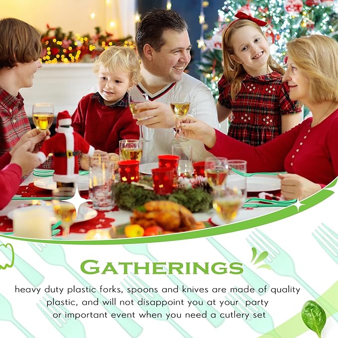 Minatee 150 Pieces Disposable Cutlery Set Plastic Silverware Heavy Duty Utensil Sets 50 Forks 50 Knives 50 Spoons for Home Office School Party Picnics Restaurant Outdoor Events(Green)
