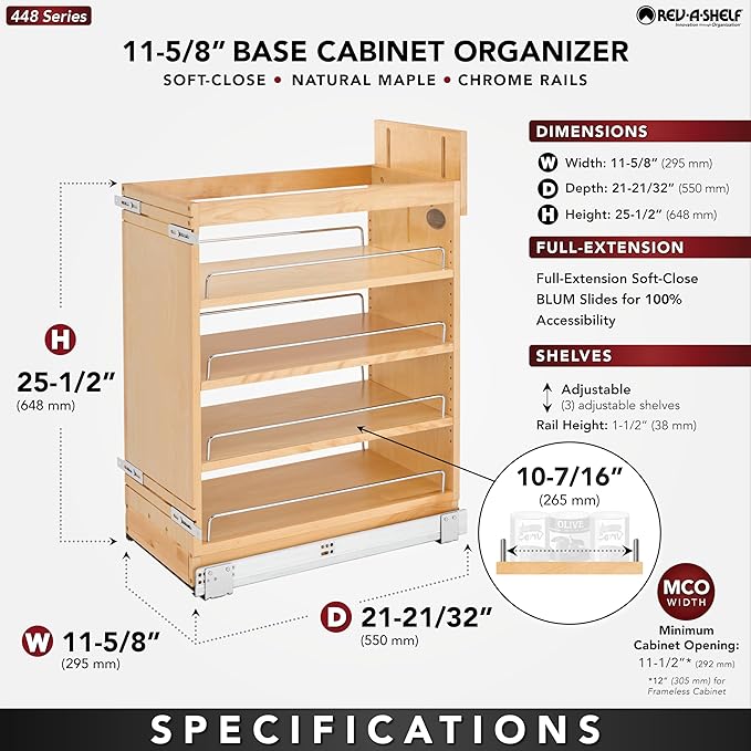Rev-A-Shelf 11" Pull Out Storage Organizer for Base Kitchen/ Bathroom Cabinets w/ Soft-Close Full Extension Slides & Adjustable Shelves, 448-BCSC-11C