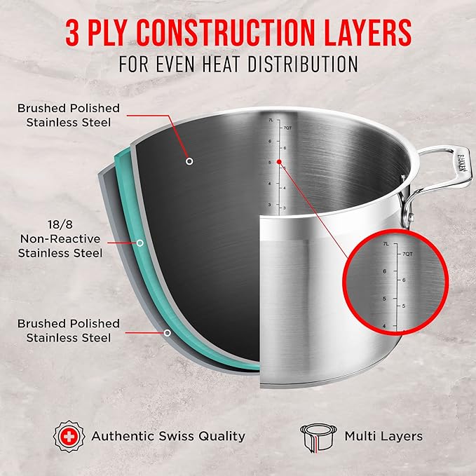 Stainless Steel Stockpot with Tempered Glass Lid 8 Quart, Durable 18/0 Stainless Steel, Impact-Bonded Base for Even Heating, Riveted Handles, Oven & All Stove Compatible, Safe Up To 500°F (260°C)