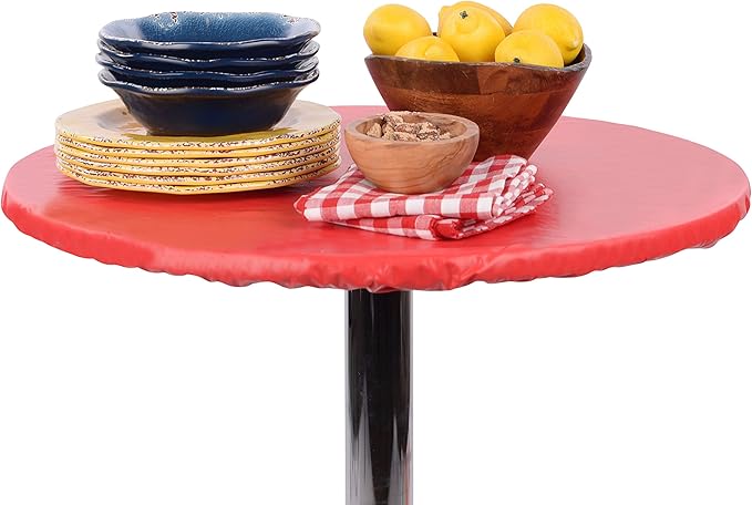 Yourtablecloth Heavy Duty Vinyl Round Fitted Tablecloth (Table Cover) with Flannel Backing Vibrant Colors Elasticized Tablecloth Great for Indoor and Outdoor Dining and Playing Cards 54” Black