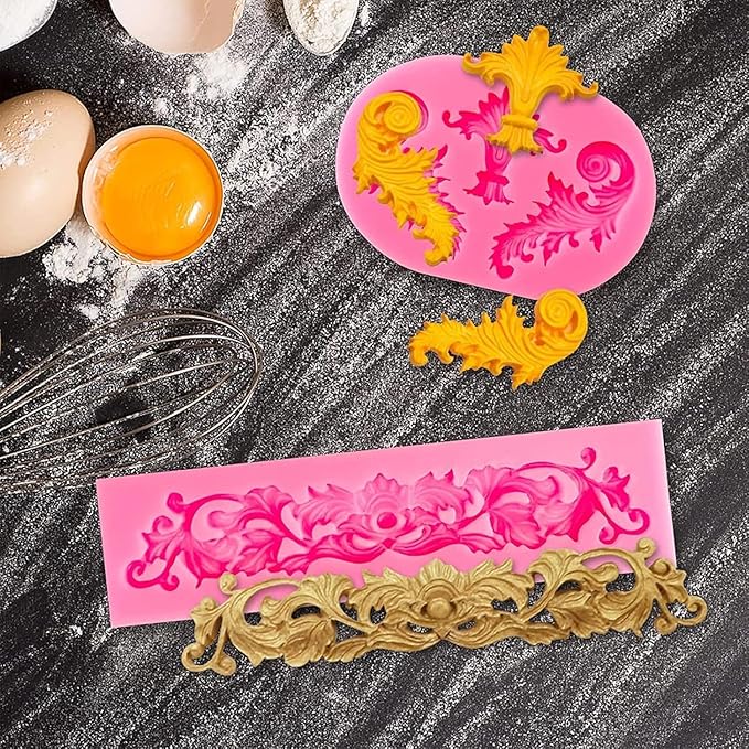 5 Pcs Baroque Silicone Molds Baroque Style Curlicues Scroll Lace Fondant Silicone Mold Scroll silicone Baroque Mold Relief Flower Lace Mould for Wedding Birthday Cake Decoration