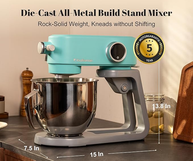 All-Metal Stand Mixer 5.3-Quart - Professional Kitchen Electric Food Mixer with Stainless Steel Mixing Bowl & Attachments for Baking, Dough & Cake, 8-Speed Control & Timer (Blue)