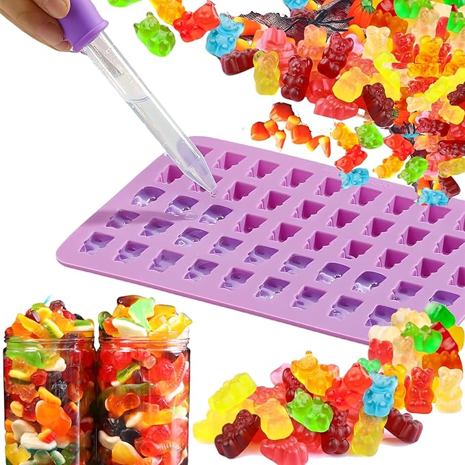 Mini Silicone Gummy Bear Molds (0.7 Inch Bite-Sized) - Non-Stick Chocolate & Candy Mold for Kids, Includes Dinosaur, Bear, Hearts & Donut Shapes (201 Cavities) - 4 Pieces + 3 Droppers By ENBRWAS