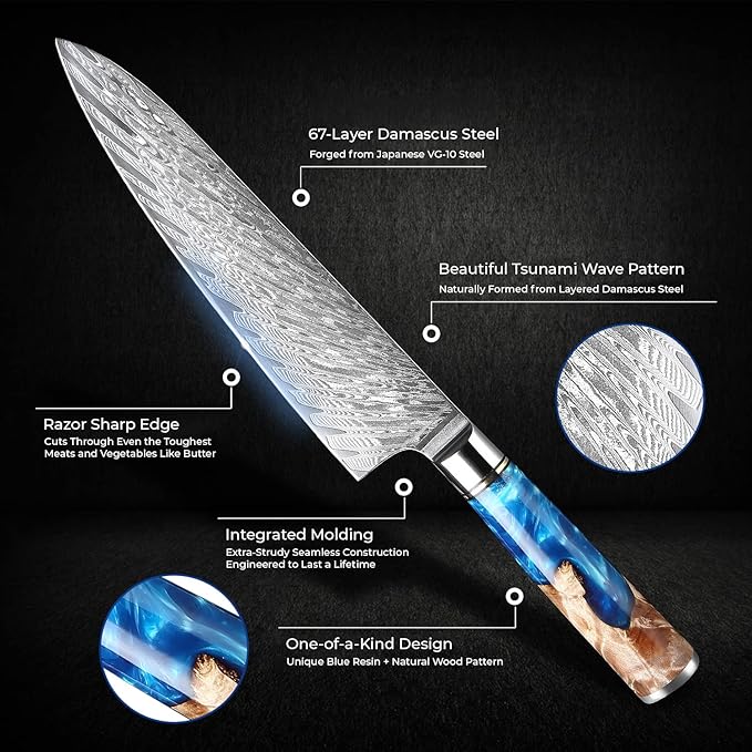 SENKEN 7-Piece Damascus Kitchen Knife Set - Tsunami Collection - 67-Layer Japanese VG10 Steel - Chef's Knife, Cleaver, Santoku, Bread, Boning, & More
