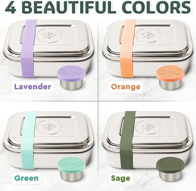 Everusely - Bento Box - Lavender, 60oz / 1.8 L - Stainless Steel Lunch Box with Leakproof Condiment Container - 3 Compartment Snack Organizer for On the Go Meals - Freezer & Dishwasher Safe