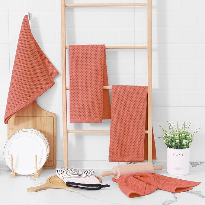 Homaxy 100% Cotton Waffle Weave Kitchen Dish Towels, Ultra Soft Absorbent Quick Drying Cleaning Towel, 13 x 28 Inches, 8-Pack, Coral