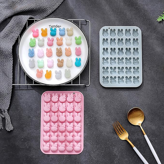 2 Pcs Easter Bunny Silicone Molds, 6 Shaped Rabbit 30 Cavities Candy Mould Wax Melt Tray for Baking Rabbit Chocolate Jello Resin Gummies Cupcake Decor
