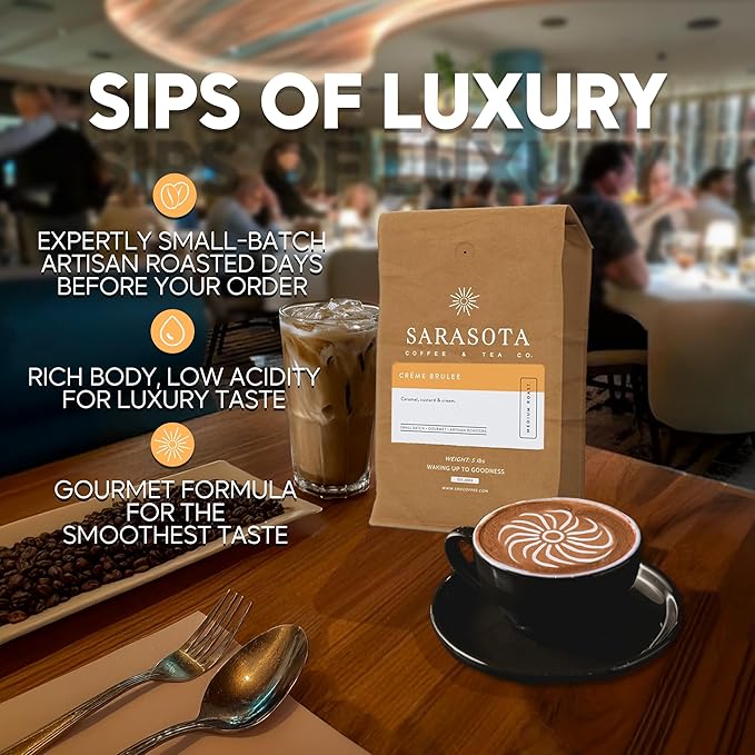 Sarasota Coffee Ground Creme Brulee | Medium Roast Gourmet Flavored Coffee Grounds | Low Acid, Mold Free, Specialty Grade Flavored Bulk Ground | 5lb (80 oz)