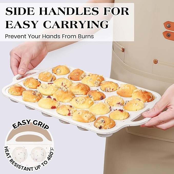 2 Pcs Mini Muffin Pans with Metal Reinforced Frame, 24 Cups Nonstick Silicone Cupcake Tray for Baking, Food Grade Small Muffin Molds with Handles (Cream)