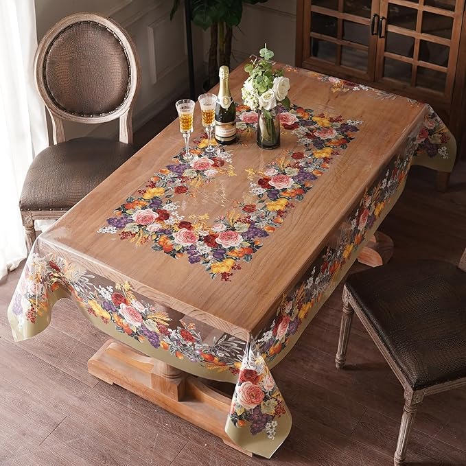 Clear Table Cover Protector Vinyl PVC Rectangle Table Cloth with Floral Fruit Pattern Oil Spill Proof Plastic Tablecloths for Dining Tables Parties Holidays (Floral Fruit, 55 x 120 Inches)